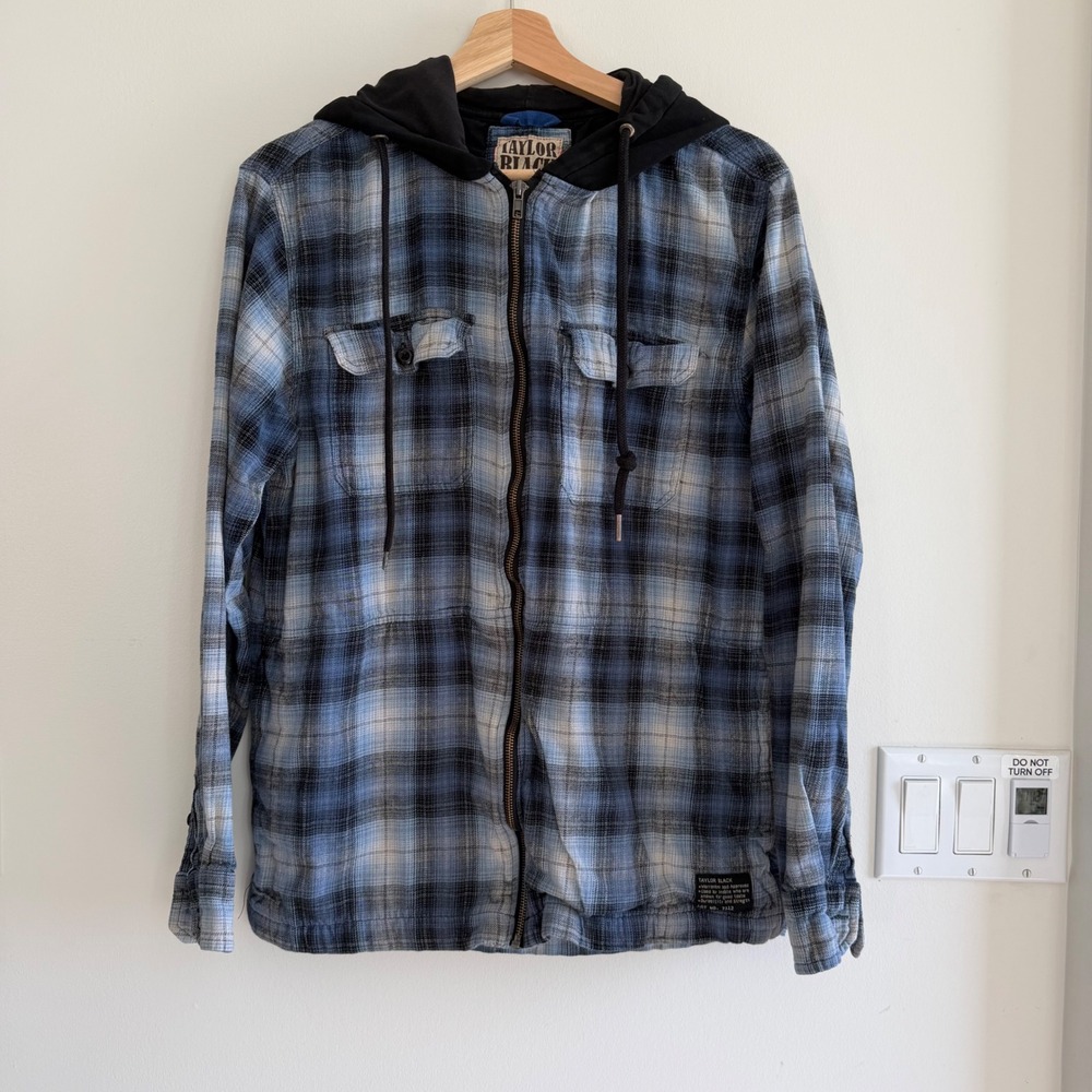 Taylor Black 100% CottonPlaid Hooded Zip Up Flannel Jacket Blue Large Shacket